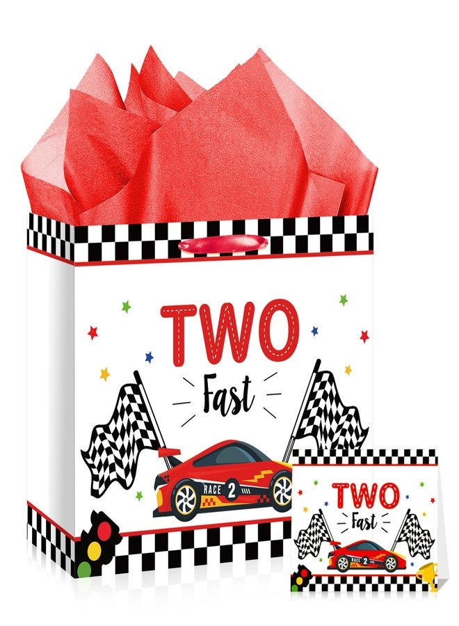 Woosytoo Two Fast Birthday Gift Bag for Boys Happy 2nd Birthday Gift Bag Race Car Party Favor Bag with Paper and Greeting Card for Boys 2 Year Old Bday Party Baby Shower Supplies - Image 1